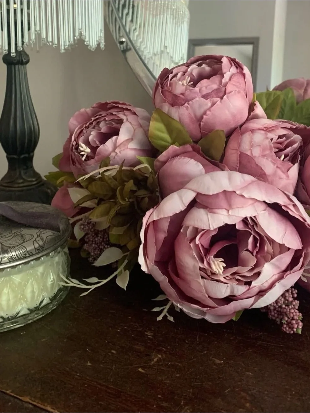 Pink Peony Bouquet in White Vase - Home Accent Floral Arrangement